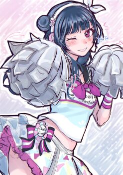 1girl ;d absurdres black_sailor_collar blue_hair blunt_bangs bow_hairband cheerleader clothes_writing commentary_request cowboy_shot grin hair_bun hairband highres long_hair looking_at_viewer love_live! love_live!_school_idol_festival love_live!_sunshine!! midriff miniskirt navel neckerchief one_eye_closed open_mouth pleated_skirt pom_pom_(cheerleading) purple_neckerchief purple_skirt sailor_collar sailor_shirt shirt single_side_bun skirt smile solo takaramonozu tsushima_yoshiko white_hairband zokuro_1018