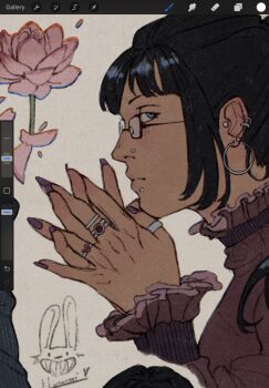 1girl art_program_in_frame black_hair blue_eyes blunt_bangs blush close-up closed_mouth earrings highres hunnismokah jewelry long_sleeves nico_robin one_piece profile purple_nails purple_shirt ring shirt sidelocks