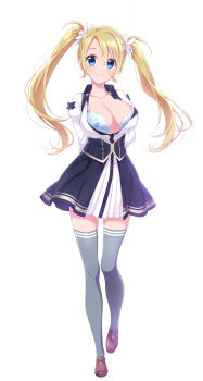 1girl alternate_breast_size arms_behind_back blonde_hair blue_eyes bra bra_peek breast_growth breasts cleavage floral_print floral_print_bra full_body hair_ornament highres huge_breasts blue_bra long_hair long_sleeves omega_labyrinth_life ourenji_berune school_uniform shoes simple_background thighhighs torn_bra torn_clothes twintails u35 underwear white_background
