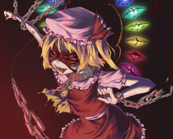 1girl bdsm blindfold blonde_hair bz_(pixiv) chain collar colored_blindfold cuffs female_focus flandre_scarlet hat kokonoe_shuu mob_cap ribbon solo tongue touhou wings yandere