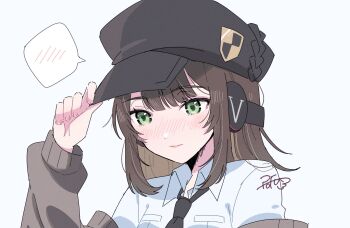 1girl behind-the-head_headphones black_hat black_necktie blunt_bangs blush brown_hair brown_jacket closed_mouth commentary_request green_eyes hand_on_headwear hand_up hat headphones highres jacket jacket_partially_removed looking_down medium_hair necktie newsboy_cap nose_blush persona persona_5 persona_5:_the_phantom_x pink_lips popo_mocomoco portrait sakai_ayaka shirt sidelocks signature simple_background solo spoken_blush white_background white_shirt