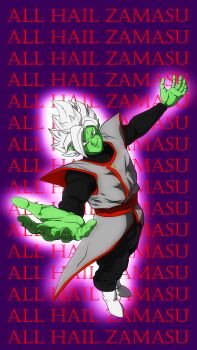 Rule 34 | 1boy, black bodysuit, black pants, bodysuit, boots, colored skin, coolerlikestodraw, dragon ball, dragon ball super, earrings, english text, fused zamasu, green skin, grey eyes, grin, highres, jewelry, long sleeves, looking up, pants, pointy ears, potara earrings, red sash, sash, smile, solo, spiked hair, white footwear, white hair