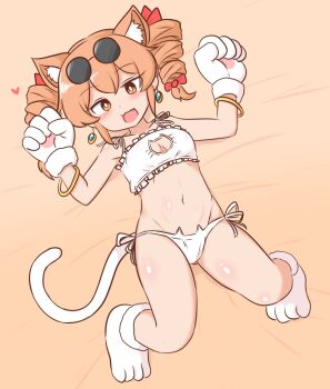 1girl alternate_costume animal_ear_fluff animal_ears animal_hands bangle bra bracelet cat_cutout cat_ears cat_lingerie cat_tail clothing_cutout commentary_request drill_hair earrings eyewear_on_head gloves groin heart highres jewelry looking_at_viewer lying mizusoba navel on_back open_mouth orange_eyes orange_hair panties paw_gloves paw_shoes round_eyewear side-tie_panties solo stomach sunglasses tail touhou twin_drills underwear white_bra white_panties yorigami_jo'on