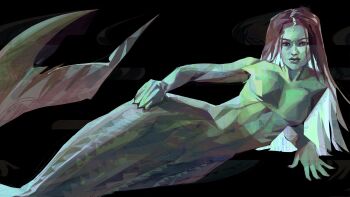 1girl absurdres black_background black_eyes colored_inner_hair expressionless full_body glowing glowing_hair hand_on_own_tail heterochromia highres long_hair looking_at_viewer lying mermaid monster_girl multicolored_hair nude on_side original painterly pink_eyes pink_hair simple_background solo straight_hair twulfs