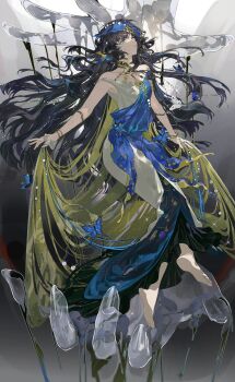 1girl absurdres barefoot black_hair blue_dress blue_veil crying crying_with_eyes_open dress evening_gown full_body gradient_background grey_background highres isolde_(reverse:1999) long_dress long_hair looking_up official_alternate_costume parted_lips purple_eyes reverse:1999 sleeveless sleeveless_dress solo streaming_tears tears two-tone_dress veil very_long_hair white_dress yi_fen_ta