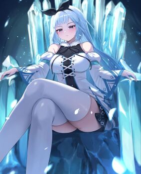 1girl ass bare_shoulders black_eyes blunt_bangs breasts closed_mouth commission crossed_legs detached_sleeves dress feet_out_of_frame fur_collar hair_ribbon highres juliet_sleeves large_breasts long_hair long_sleeves looking_at_viewer neck_ribbon original puffy_sleeves ribbon second-party_source shant_07 sitting sleeveless sleeveless_dress solo thighhighs throne white_dress white_hair white_thighhighs wide_sleeves