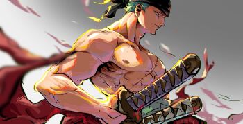 1boy abs bandana black_bandana green_hair haramaki highres one_piece profile red_sash roronoa_zoro sash short_hair solo stitched_torso stitches sword topless_male weapon yuan_jessie0430