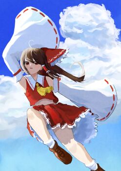 1girl ahoge arm_up ascot bare_shoulders boots bow brown_boots brown_hair cloud cloudy_sky commentary cumulonimbus_cloud day detached_sleeves frilled_bow frilled_hair_tubes frilled_skirt frills hair_tubes hakurei_reimu highres hirachill16 long_hair looking_at_viewer midriff nontraditional_miko outdoors red_eyes red_shirt red_skirt ribbon-trimmed_sleeves ribbon_trim shirt skirt sky sleeveless sleeveless_shirt sleeves_past_fingers sleeves_past_wrists socks solo touhou white_socks wide_sleeves yellow_ascot