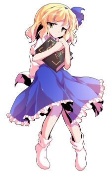 1girl alice_margatroid alice_margatroid_(pc-98) alphes_(style) bare_arms blonde_hair blue_hairband blue_ribbon blue_skirt bobby_socks book commentary_request dairi frilled_skirt frills full_body grimoire_of_alice hair_between_eyes hairband holding holding_book large_variant_set open_book parody parted_bangs puffy_short_sleeves puffy_sleeves ribbon shirt short_hair short_sleeves skirt socks solo style_parody tachi-e touhou touhou_(pc-98) transparent_background variant_set white_shirt white_socks