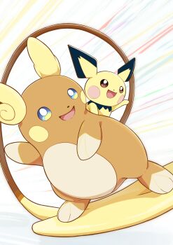 absurdres alolan_form alolan_raichu blue_eyes brown_eyes commentary_request full_body gen_2_pokemon gen_7_pokemon highres nintendo no_humans on_shoulder open_mouth orange_fur pichu pokemon pokemon_(creature) pokemon_focus pokemon_on_shoulder raaaichupudding smile surfing tail