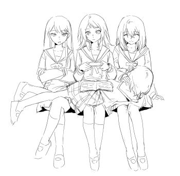 4girls absurdres bang_dream! bang_dream!_it&#039;s_mygo!!!!! breasts cleavage closed_eyes closed_mouth commentary_request dress greyscale hanasakigawa_school_uniform highres kaname_raana kneehighs long_hair lu_bian_de_yecao_zai_changge lying medium_hair misumi_uika monochrome multiple_girls on_lap sailor_dress school_uniform serafuku shiina_taki short_hair simple_background sitting socks white_background yahata_umiri