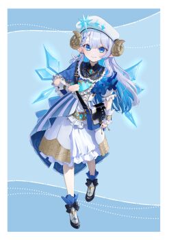 1girl absurdres bag beret bib_collar black_collar black_shoes blue_capelet blue_eyes blue_gem blue_hair blue_wings braid brooch capelet collar colored_inner_hair commentary_request commission corset crystal_wings curled_horns detached_wings dress earrings frilled_collar frills gem hat hat_ornament highres horns jewelry layered_dress long_hair looking_at_viewer multicolored_dress multicolored_hair necklace original pointy_ears puffy_short_sleeves puffy_sleeves roena shoes short_sleeves shoulder_bag side_capelet single_earring smile white_corset white_dress white_hat wings