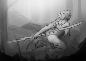 1girl 2015 ancient_egyptian animal_ears animal_legs blunt_bangs bobanon braid dark-skinned_female dark_skin egyptian_mythology full_body holding holding_polearm holding_weapon less lion_ears lion_girl lion_mane lion_tail looking_at_viewer looking_back monster_girl monster_girl_encyclopedia muscular muscular_female mythological_creature neck_fur nude polearm sekhmet_(less/bob) sekhmet_(mythology) sidelocks spear staff tail vagabonds weapon