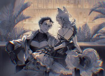 1boy 1girl bat_signal batman_(series) batman_symbol black_bodysuit black_gloves black_hair blue_eyes bodysuit brown_jacket dc_comics gloves grey_bodysuit highres jacket jason_todd multicolored_bodysuit multicolored_hair muscular muscular_male oc_x_canon original pants red_hood_(dc) red_hood_and_the_outlaws rfnyn17381 short_hair superhero_costume taut_bodysuit two-tone_bodysuit two-tone_hair