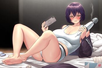 1girl bare_legs barefoot blush breasts broken cellphone crossed_ankles feet finalcake highres hitachi_magic_wand knees_up large_breasts legs panties phone plump purple_hair reclining sex_toy shirt short_hair smartphone soles solo tissue_box toes underwear used_tissue vibrator white_panties white_shirt yotaka_aoi yotaka_futatabi