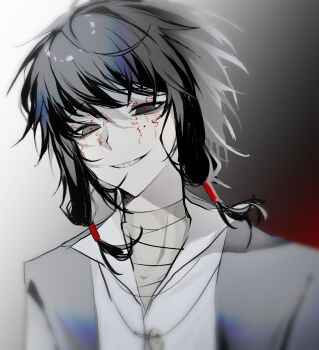 1boy bandaged_chest black_eyes black_hair black_jacket blurry coin coin_on_string collared_shirt facepaint grin highres holed_coin jacket jewelry low-tied_sidelocks male_focus mole mole_under_eye necklace open_clothes open_collar open_jacket rafag red_pupils shirt short_hair sidelocks smile solo touqi_guaitan upper_body white_shirt ziche_fuzhao