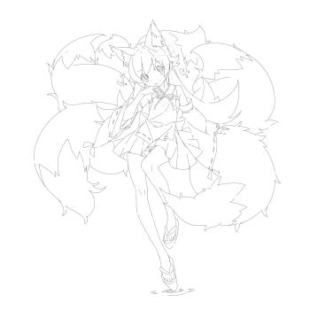 1girl absurdres animal_ears bare_legs bare_shoulders blonde_hair blush_stickers bow commentary detached_sleeves dot_nose feet flipped_hair fox_ears fox_tail full_body hair_flaps hand_on_own_chin hand_on_own_tail hand_up head_tilt heart highres japanese_clothes kemonomimi_mode kimono knee_up lineart long_hair monogatari_(series) multiple_tails nontraditional_miko okobo oshino_shinobu platform_sandals pleated_skirt pointy_ears ribbon-trimmed_sleeves ribbon_trim ringed_eyes ripples sandals shishirui_san simple_background skirt sleeveless sleeveless_kimono smile solo standing standing_on_one_leg symbol-only_commentary tail toes very_long_hair waist_bow white_background wide_sleeves