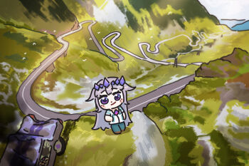 Rule 34 | 1girl, 1other, bing huyue, blush stickers, bridge, car, car crash, chest jewel, chibi, cliff, commentary, denim, english commentary, gem, gem hair ornament, hair flaps, highres, highway, hololive, hololive english, jeans, koseki bijou, koseki bijou (1st costume), long hair, motor vehicle, mountain, pants, pebble (koseki bijou), purple eyes, purple gem, purple hair, real world location, romania, shirt, top gear, virtual youtuber, white shirt