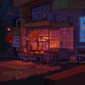 absurdly_detailed_composition air_conditioner air_duct animated animated_gif awning bamboo bamboo_forest blinking_lights bug complex_exterior condenser_unit cup drink drinking_straw flickering fly food forest highres insect kiosk nature night original pixel_art poster_(object) ramp restaurant scenery sidewalk vending_machine waneella