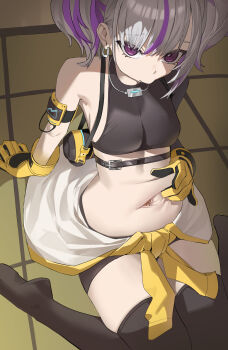 1girl absurdres arm_support armpits bag belly_grab bike_shorts black_shirt black_thighhighs breasts closed_mouth clothes_around_waist commentary commission crop_top drilley_(nikke) earrings gloves goddess_of_victory:_nikke grey_hair hair_between_eyes highres indoors jacket jacket_around_waist jewelry looking_at_viewer medium_breasts midriff multicolored_hair navel pixiv_commission pugom_(koi_wanko) purple_eyes purple_hair shadow shirt short_twintails sidelocks single_bare_shoulder single_sleeve sitting skin_tight solo spread_navel streaked_hair thighhighs twintails two-tone_hair wariza white_jacket yellow_gloves yurie_mouth