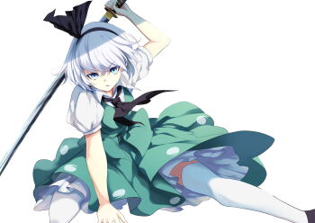 1girl arm_up ascot black_ascot black_hairband blue_eyes collared_shirt commentary_request dress foot_out_of_frame green_dress hairband highres holding holding_behind_back holding_sword holding_sword_behind_back holding_weapon holding_weapon_behind_back katana konpaku_youmu legs_apart looking_at_viewer on_one_knee parted_lips puffy_short_sleeves puffy_sleeves shirt short_hair short_sleeves simple_background solo sword thighhighs touhou wakadori1234 weapon white_background white_hair white_shirt white_thighhighs