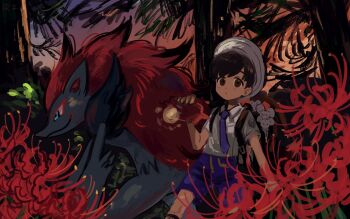 1boy assassinookayu backpack bag blue_eyes brown_eyes brown_hair bush collared_shirt evening florian_(pokemon) flower gen_5_pokemon hat highres male_focus maushold maushold_(family_of_three) necktie nintendo outdoors pokemon pokemon_(creature) pokemon_sv purple_necktie red_flower school_uniform shirt short_sleeves shorts sky spider_lily tree uva_academy_school_uniform zoroark