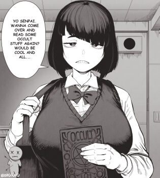 0bosobo 1girl bag blunt_bangs bob_cut book bow bowtie breasts collared_shirt commentary diagonal_bangs english_commentary english_text greyscale highres holding holding_book huge_breasts indoors long_sleeves looking_at_viewer monochrome original school_uniform shirt short_hair shoulder_bag solo speech_bubble straight-on sweater_vest teeth twitter_username upper_body voodoo_doll