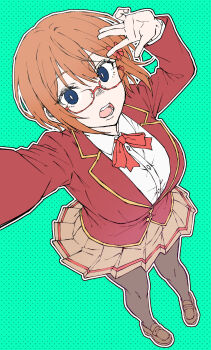 1girl absurdres arms_up artist_request blue_eyes bokutachi_wa_benkyou_ga_dekinai bow breasts glasses hair_bow highres looking_up ogata_rizu open_mouth orange_hair pantyhose ribbon school_uniform shirt shoes short_hair skirt solo