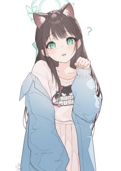 Rule 34 | 1girl, :3, :o, ?, absurdres, airi (band) (blue archive), airi (blue archive), animal ears, blue archive, blue jacket, blush, brown hair, cat ears, commentary request, floral print, green eyes, half updo, halo, highres, jacket, jacket partially removed, kemonomimi mode, logo print, looking at viewer, official alternate costume, paw pose, pleated skirt, shirt, shirt tucked in, signature, simple background, skirt, solo, sweatdrop, tachibana shiori (suica 112), white background, white shirt, white skirt