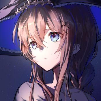 1girl amiya_(arknights) amiya_(medic)_(arknights) amiya_(medic)_(solo_around_the_world)_(arknights) arknights black_hat blue_eyes blue_hat braid brown_hair circon collarbone crossed_bangs expressionless eyelashes eyes_visible_through_hair frilled_headwear grey_shirt hair_between_eyes hair_ornament hairclip hashtag-only_commentary hat highres light_frown long_hair long_sidelocks looking_to_the_side low_twin_braids night night_sky official_alternate_costume outdoors parted_lips pointy_nose shirt sidelocks sky solo star_(sky) starry_sky twin_braids two-sided_fabric two-sided_headwear upper_body witch_hat