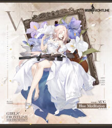Rule 34 | 1girl, 2024, assault rifle, aug (blue meditation) (girls&#039; frontline), aug (girls&#039; frontline), bare legs, blue gemstone, breasts, bridal veil, bullpup, cello, character name, closed eyes, commentary, copyright name, dress, english commentary, english text, flower, flower request, full body, gem, girls&#039; frontline, gun, high heels, highres, instrument, jewelry, long hair, medium breasts, mole, mole under eye, necklace, no socks, official alternate costume, official art, parted bangs, pearl necklace, petal in mouth, picture frame, puffy short sleeves, puffy sleeves, rifle, ring, samail, second-party source, short sleeves, simple background, sitting, solo, steyr aug, torn clothes, torn dress, two-sided dress, two-sided fabric, veil, very long hair, weapon, wedding dress, white day, white dress, white flower, white footwear, white hair