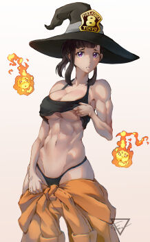1girl abs absurdres bare_shoulders bilingual_commentary black_hair black_panties black_shirt breasts commentary en&#039;en_no_shouboutai ethan_wylie fireball hat highres looking_at_viewer maki_oze mixed-language_commentary muscular muscular_female navel orange_overalls overalls overalls_rolled_up panties parted_lips ponytail purple_eyes shirt short_hair sidelocks signature underboob underwear witch witch_hat