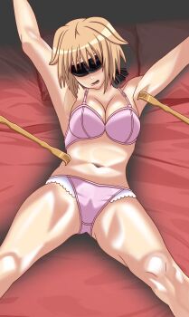 1girl animated animated_gif armpits backscratcher bdsm belly bikini blindfold blonde_hair bob_cut bondage bound bound_arms bra breasts choppy_bangs hair_flaps highres large_breasts lying midriff molestation navel on_back panties pink_bikini pink_bra pink_panties poking seiki-chan49 seikon_no_qwaser short_hair stomach sweat swimsuit teasing teresa_beria thick_thighs thighs tickle_torture tickling tickling_armpits tickling_stomach underwear underwear_only variant_set very_sweaty