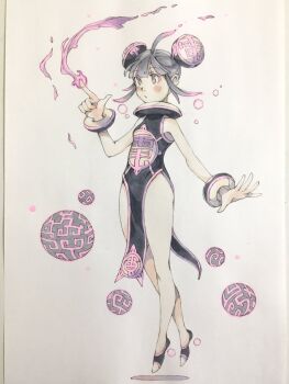 1girl ahoge ball bare_legs black_dress black_eyes black_hair black_shoes bracelet bun_cover china_dress chinese_clothes clothes_writing commentary double_bun dress floating floating_object gradient_hair hair_bun highres index_finger_raised jewelry levitation magic multicolored_hair original parted_lips pelvic_curtain peter_salt pink_hair shoes short_hair side_slit sidelocks sleeveless sleeveless_dress solo traditional_media white_background