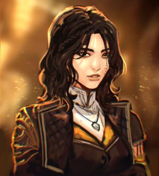 1girl asian black_eyes black_hair black_jacket clair_obscur:_expedition_33 commentary english_commentary facial_tattoo jacket jewelry lips long_hair looking_at_viewer lune_(clair_obscur:_expedition_33) necklace open_clothes open_jacket parted_lips pink_lips sethkiel solo tattoo