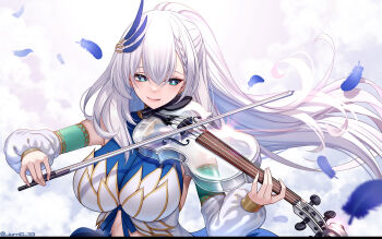 1girl aqua_eyes blue_dress bow_(music) braid braided_bangs breasts bright_pupils closed_mouth clothing_cutout commentary detached_sleeves double-parted_bangs dress english_commentary falling_feathers feather_hair_ornament feathers floating_hair gold_trim hair_between_eyes hair_ornament holding holding_bow_(music) holding_instrument holding_violin hololive hololive_indonesia instrument jurrig large_breasts long_hair long_sleeves music pavolia_reine pavolia_reine_(1st_costume) playing_instrument ponytail puffy_long_sleeves puffy_sleeves sleeveless sleeveless_dress smile solo stomach_cutout upper_body very_long_hair violin virtual_youtuber white_hair white_pupils white_sleeves