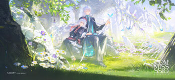 1boy 1girl absurdres animal_skeleton aqua_scarf aqua_shirt bird black_coat black_dress black_hat black_pants black_pantyhose black_shoes blue_butterfly broken_pillar bug butterfly cael_anselm changpao chinese_clothes closed_mouth coat commission daisy_(flower) day dragon_skull dress english_text flower full_body gloves grass grey_hair hair_between_eyes hat highres insect juliet_sleeves leaning_on_person long_bangs long_hair long_sleeves lovebrush_chronicles oc_x_canon on_rock open_clothes open_coat original outdoors pants pantyhose puffy_sleeves purple_eyes purple_flower red_gloves renjian_shilian scarf shirt shoes sitting skull smile sunlight tree very_long_hair wavy_hair white_flower white_hair