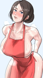 Rule 34 | 1girl, absurdres, apron, arms behind back, blue eyes, blush, breasts, brown hair, collarbone, hair bun, highres, leaning forward, light smile, looking at viewer, mature female, miya nns35, mole, mole under eye, naked apron, original, parted lips, red apron, seductive smile, sideboob, sidelocks, simple background, smile, solo, steam, steaming body, sweat, thick thighs, thighs