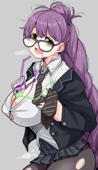 1girl :d antenna_hair between_breasts black-framed_eyewear black_jacket black_pantyhose braid braided_ponytail breasts brown_necktie button_gap collared_shirt commentary_request covered_erect_nipples cowboy_shot diagonal-striped_clothes diagonal-striped_necktie drink drinking_straw ether_(nikke) glasses goddess_of_victory:_nikke green_eyes grey_background grey_skirt hand_up heavy_breathing highres intravenous_drip jacket large_breasts long_hair long_sleeves looking_at_viewer looking_over_eyewear looking_to_the_side miniskirt necktie off_shoulder open_clothes open_jacket open_mouth pantyhose partially_unbuttoned pleated_skirt purple_hair school_uniform shirt simple_background single_braid skirt smile solo standing steaming_body striped_clothes torn_clothes torn_pantyhose very_long_hair ygdm