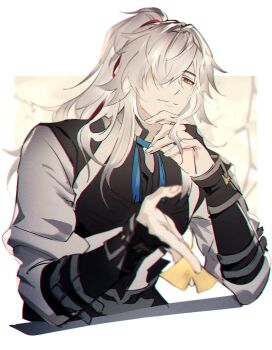 Rule 34 | 1boy, arm up, black vest, commentary request, elbow rest, ginkgo leaf, grey shirt, highres, holding, holding leaf, honkai: star rail, honkai (series), jing yuan, korean commentary, leaf, long sleeves, looking at hand, male focus, minarii s, parted bangs, ponytail, shirt, simple background, solo, vest, white background, yellow eyes