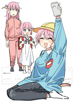 3girls :d absurdres backpack bag black_pants blue_eyes blue_shirt bocchi_the_rock! closed_mouth cube_hair_ornament dress gotoh_futari gotoh_hitori gotoh_michiyo hair_ornament haruyuki_(gffewuoutgblubh) hat highres jacket kindergarten_uniform long_hair long_sleeves mature_female mother_and_daughter multiple_girls one_side_up open_mouth pants pink_hair pink_jacket pink_pants randoseru school_hat school_uniform shirt short_hair siblings simple_background sisters sitting smile translation_request white_dress yellow_hat