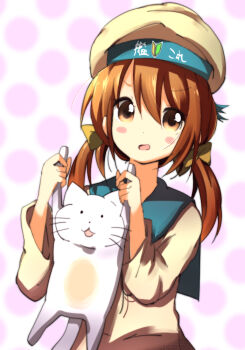 Rule 34 | 10s, 1girl, batsubyou, brown hair, cat, error musume, girl behind a cat (kancolle), girl holding a cat (kancolle), hat, kantai collection, kneeling girl (kancolle), long hair, open mouth, school uniform, serafuku, short hair, smile, suzuki toto, twintails