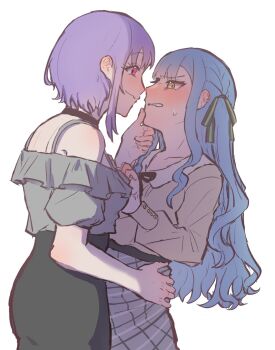 2girls bang_dream! bang_dream!_it's_mygo!!!!! black_ribbon black_skirt blue_hair blush brown_shirt closed_mouth commentary_request grey_shirt grey_skirt hair_ribbon hand_on_another's_chin hand_on_another's_waist highres hui_0w0 multiple_girls off-shoulder_shirt off_shoulder parted_lips pink_eyes purple_hair ribbon shirt short_hair simple_background skirt smile sweat togawa_sakiko two_side_up white_background yellow_eyes yuri yuutenji_nyamu