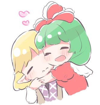 Rule 34 | 2girls, :d, blonde hair, chibi, closed mouth, cropped torso, closed eyes, green hair, hair ribbon, heart, hug, kagiyama hina, long sleeves, mizuhashi parsee, multiple girls, open mouth, pointy ears, red ribbon, ribbon, rishita, short sleeves, simple background, smile, touhou, white background