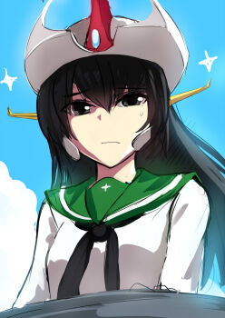 10s 1girl black_hair black_neckerchief blue_background brown_eyes cowboy_hat girls_und_panzer great_mazinger_(robot) hair_between_eyes hat highres light_frown long_hair long_sleeves looking_at_viewer neckerchief reizei_mako school_uniform serafuku shirt simple_background straight_hair sweatdrop swordwaltz upper_body white_hat white_shirt