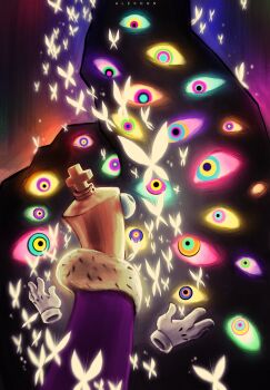 1boy abstraction_(the_amazing_digital_circus) alexdnn_art bug butterfly commentary english_commentary extra_eyes eye_contact gloves highres insect kinger_(the_amazing_digital_circus) looking_at_another purple_robe robe solo the_amazing_digital_circus white_butterfly white_gloves