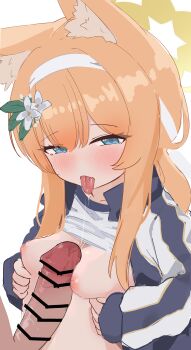 1boy 1girl absurdres animal_ears bar_censor blue_archive blue_eyes breasts censored commentary hair_ornament halo hetero highres jacket mari_(blue_archive) mari_(track)_(blue_archive) nipples official_alternate_costume orange_hair paizuri penis tongue tongue_out yellow_halo ykt_scl