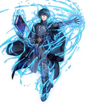 1boy armor attack aura belt black_armor black_belt black_boots black_cape black_gloves black_pants blue_aura blue_eyes blue_hair book boots cape closed_mouth commentary dagger emblem_(fire_emblem_engage) english_commentary fighting_stance fire_emblem fire_emblem:_three_houses fire_emblem_engage fire_emblem_heroes fujisaka_kimihiko full_body gloves holding holding_book knife long_sleeves looking_at_viewer male_byleth_(fire_emblem) male_focus nintendo official_art pants sheath sheathed short_hair simple_background solo third-party_source weapon white_background