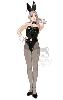 absurdres animal_ear_hairband animal_ears bare_shoulders black_leotard black_pantyhose breasts cleavage covered_navel detached_collar fake_animal_ears full_body hairband highres kantai_collection kinugasa_(kancolle) leotard long_hair looking_at_viewer ojipon pantyhose playboy_bunny rabbit_ear_hairband rabbit_ears smile strapless strapless_leotard white_background white_wrist_cuffs wrist_cuffs