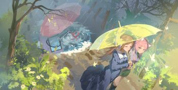 Rule 34 | 2girls, absurdres, bang dream!, bang dream! it's mygo!!!!!, black socks, blue shirt, blue skirt, brown hair, chihaya anon, chinese commentary, commentary request, commission, diagonal-striped clothes, diagonal-striped necktie, green skirt, grey eyes, grey jacket, haneoka school uniform, head wings, highres, holding, holding umbrella, jacket, kneehighs, long hair, multiple girls, nagasaki soyo, necktie, nightlemon, one eye closed, outdoors, pink hair, plant, rain, school uniform, second-party source, shared bathing, shirt, skirt, socks, striped clothes, tree, tsukinomori school uniform, umbrella, wings